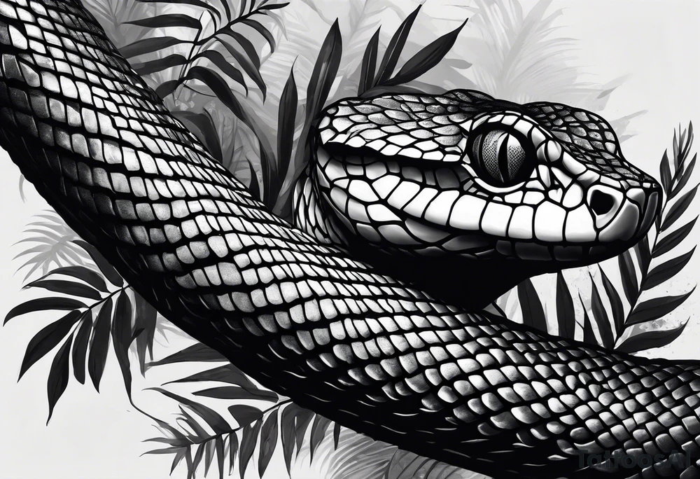 Black and grey realism with a pit viper snake rainforest background for a forearm sleeve. Create the snake to have aggressive features. tattoo idea
