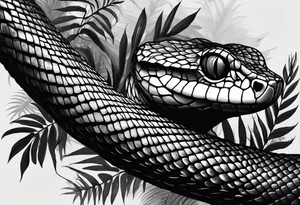 Black and grey realism with a pit viper snake rainforest background for a forearm sleeve. Create the snake to have aggressive features. tattoo idea