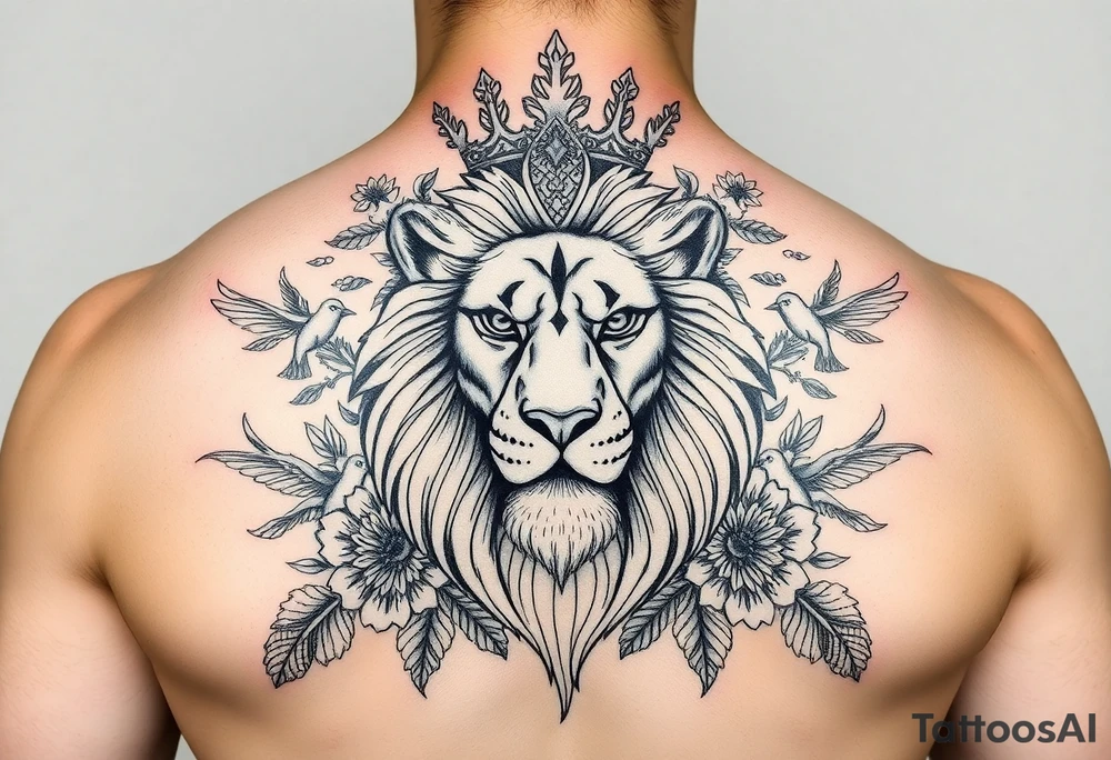 powerful majestic lion with a crown, surrounded by floral ornaments and birds tattoo idea