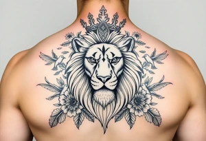 powerful majestic lion with a crown, surrounded by floral ornaments and birds tattoo idea