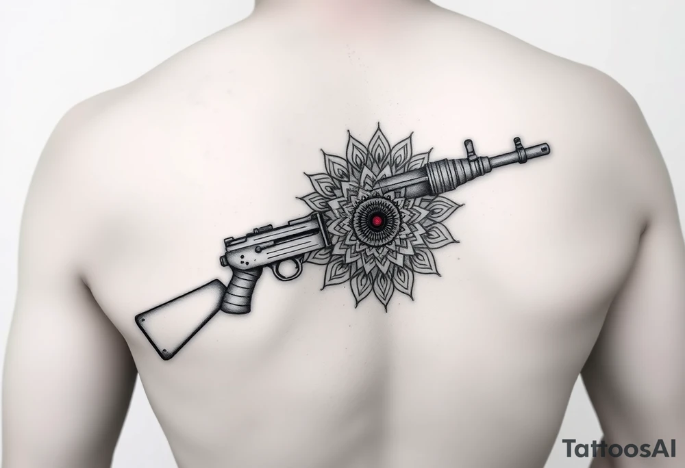 "Black linework tattoo merging two elements:
1. HISTORICAL: Maxim M1910 machine gun (simplified silhouette)
2. SPIRITUAL: Tibetan mandala (8-spoke design)

Key details:
- Gun barrel TRANSFORMS into mandala (smooth geometric transition)
- Water cooling jacket resembles Dharma wheel
- Ammo belt becomes prayer beads (tiny Om symbols)
- Red dot sight is ACTUAL 1mm mirror insert

Technical specs:
- Pure black ink
- Size: 12cm length (forearm placement)
- Style: Geometric sacred meets mechanical
- No shading/background

Philosophy reference: 
'Weapons as enlightenment tools' from Chapaev and Void" tattoo idea