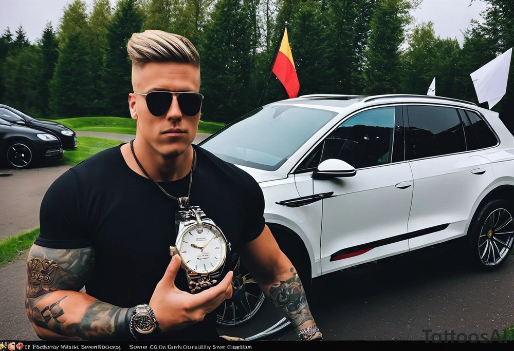 Sven is a German prince and doctor numerology 
101082 ❤️
Sven is a soldier in the German army 
Foreskin fanclub 
Dirty blunts 
Inside jay 
Diamond ring 
VW statue from BB 
Porsche with stupid sales idiot 
Sven’s picture on shoulder Spence tattoo 
Gallon of Milk in one hand one hand cuff hanging down 
Scepter in one hand knife in pocket
A stethoscope hanging around your neck
Mushrooms 
Naked cats 
Ice 
Watches 
Chase bank on fire ❤️
A mirror with a few lines
Feragamo shoe boxes 
Jay is backdrop entire back
Tina and Gabriel inside of a larger naked cat 
5 10k straps
Small pic of Jen’s RAV4 license plate JEN
MDMA rock
A little Pic of Leland if everything works out
Small pic of cheena and V
Small pic of Turban J and Heather 
In a very prominent spot, a picture of Brady driving boat, Thea and Zane in a tube
Panerai money clips the letters Svvj tattoo idea