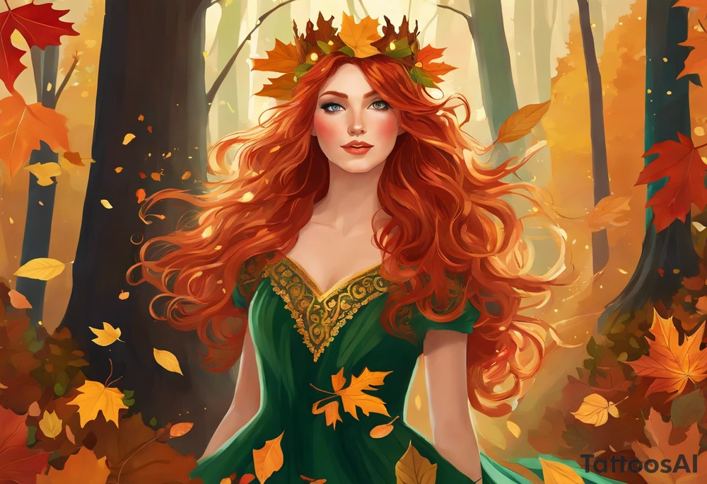 A auburn haired fairy in the middle of a forest during the peak of autumn, twirling in a whirlwind of autumn leaves. The fairy's hair is auburn with copper colors and a crown of gold, orange, and red leaves adorning her head. Her eyes are emerald green with gold flecks, ruby lips and pale skin. Her dress a coppery orange, with leaves scattered on it. The fairly is swirling in a pile of leaves with arms raised overhead, looking at the sky. tattoo idea