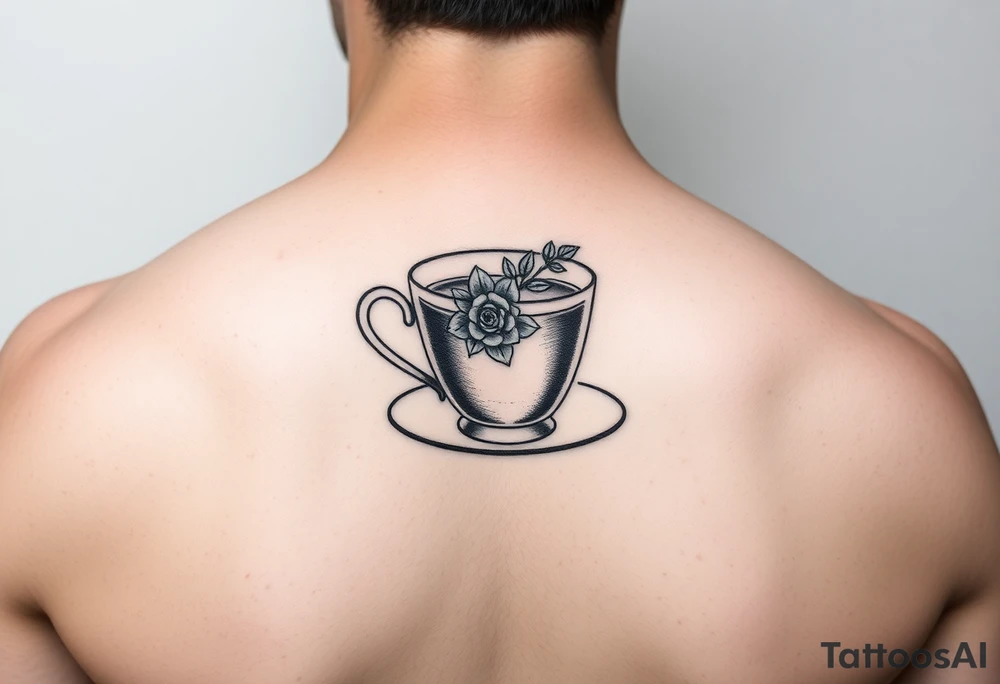 Dainty cup of tea with small floral arrangement tattoo idea