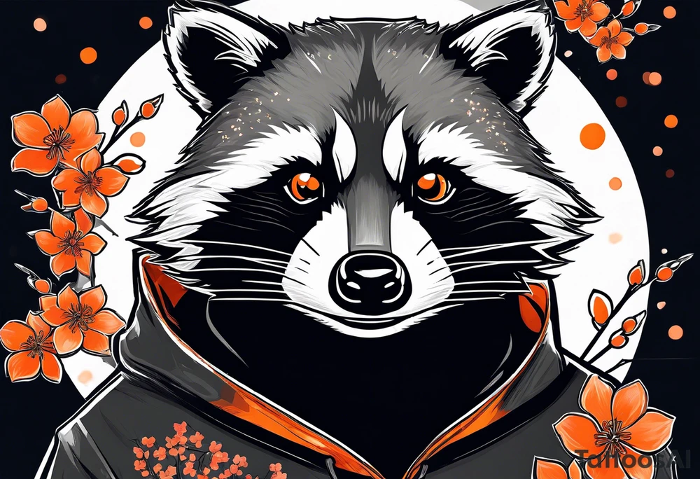 Raccoon wearing a white Superman logo on a black hoodie and orange Japanese cherry blossoms tattoo idea