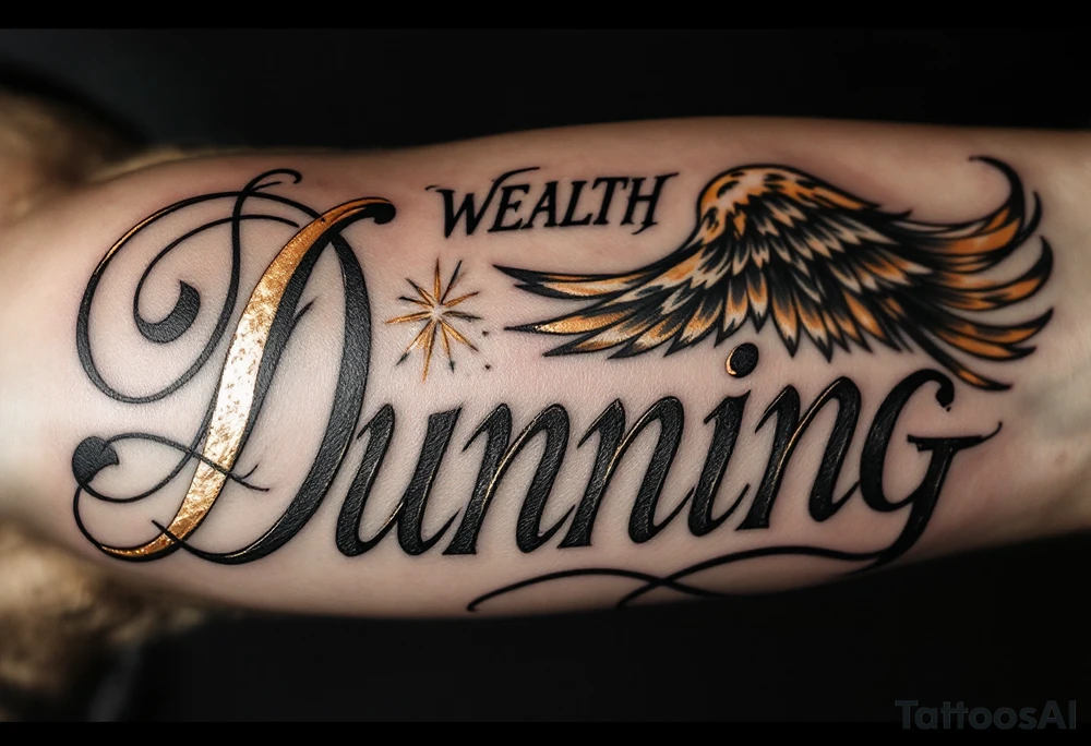 Dunning, left arm details include bold strong font, gold highlights, theme of wealth and angel wings, tattoo idea