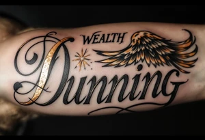 Dunning, left arm details include bold strong font, gold highlights, theme of wealth and angel wings, tattoo idea