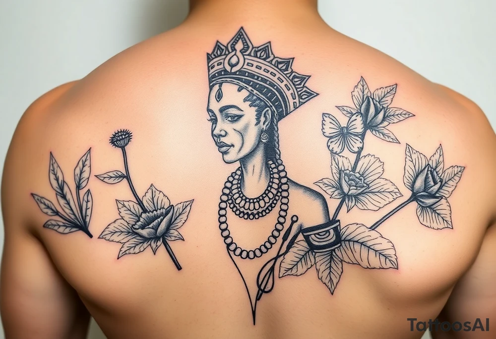 Nubian Queen in a garden tattoo idea