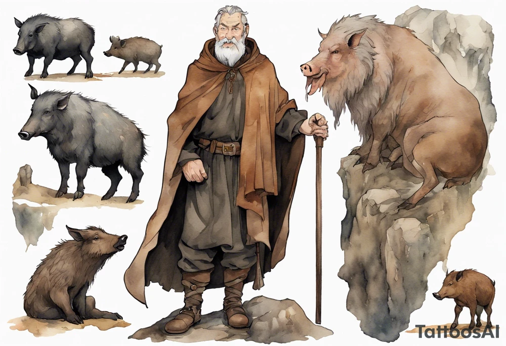 a 55-year-old medieval Bavarian man with a grey beard and broad shoulders wearing a brown and black cloak standing next to a boar in front of a cave tattoo idea