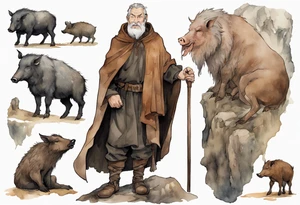 a 55-year-old medieval Bavarian man with a grey beard and broad shoulders wearing a brown and black cloak standing next to a boar in front of a cave tattoo idea