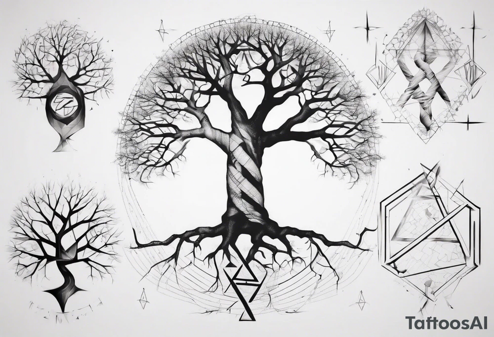 Tree with no leaves with it's main trunk main of DNA with geometic work on sides tattoo idea
