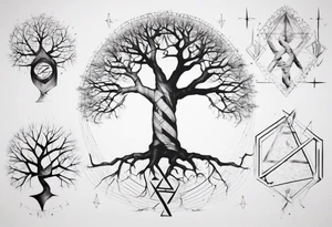 Tree with no leaves with it's main trunk main of DNA with geometic work on sides tattoo idea