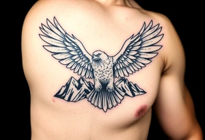 majestic eagle spreading wings against mountain peaks tattoo idea