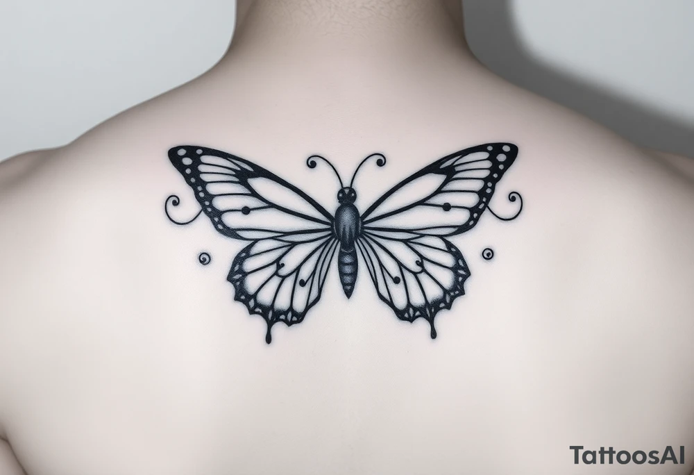 dainty butterfly with swirls coming from both wings tattoo idea