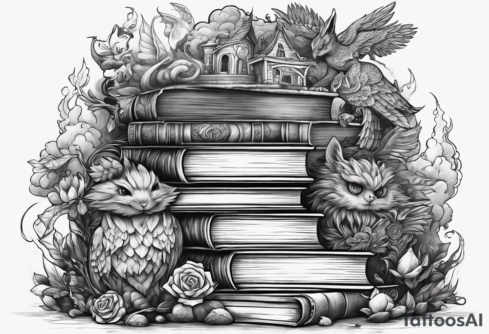 A stack of books surrounded with fantasy creatures tattoo idea