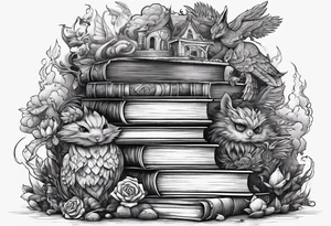 A stack of books surrounded with fantasy creatures tattoo idea