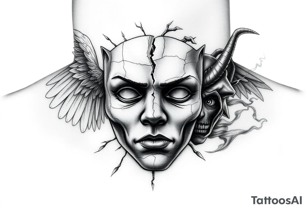 Realistic black and grey neck tattoo design. In the center of the throat, a human mask made of cracked stone or porcelain with natural facial features. The mask is breaking apart from the pressure of both sides — a screaming angel on the left and a screaming demon on the right. From the cracks on the angel’s side, soft white and blue light emerges; from the demon’s side, dark smoke and shadow flow out. The mask’s fragments slightly detach, revealing inner light and darkness mixing at the center. Highly detailed realism with strong contrast, fine shading, emotional and symbolic atmosphere, representing the true self shattered by the inner battle between good and evil. tattoo idea