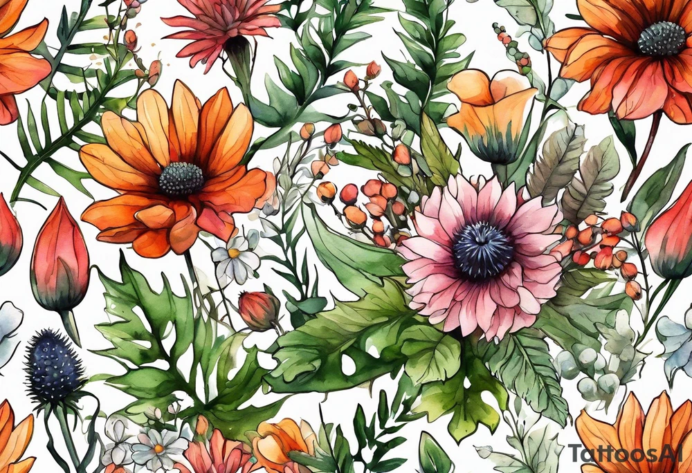 wildflowers with thistles, ferns, white flowers, cream flowers, sun flowers, orange flowers, green flowers, pink flowers, red flowers, berries and all in watercolor tattoo idea