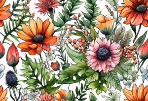 wildflowers with thistles, ferns, white flowers, cream flowers, sun flowers, orange flowers, green flowers, pink flowers, red flowers, berries and all in watercolor tattoo idea