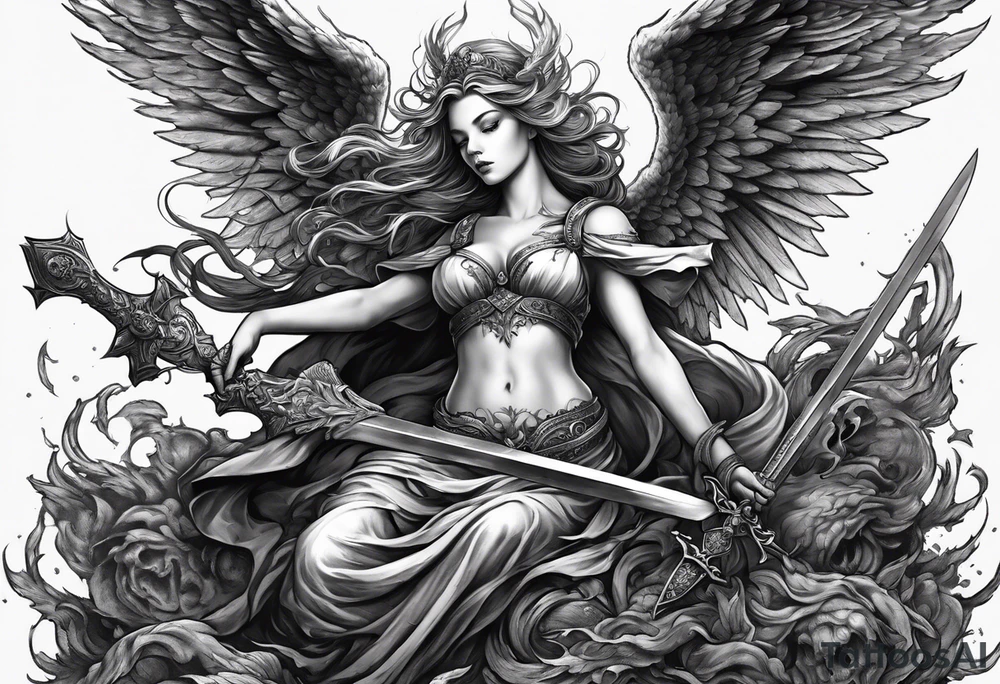 Angel with long sword on a pile of dead demons tattoo idea