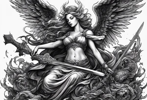 Angel with long sword on a pile of dead demons tattoo idea