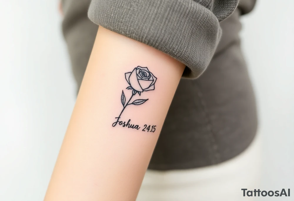 fine-line rose on my inner wrist, with the stem flowing down into the word Joshua 24:15 in tiny clean text underneath tattoo idea