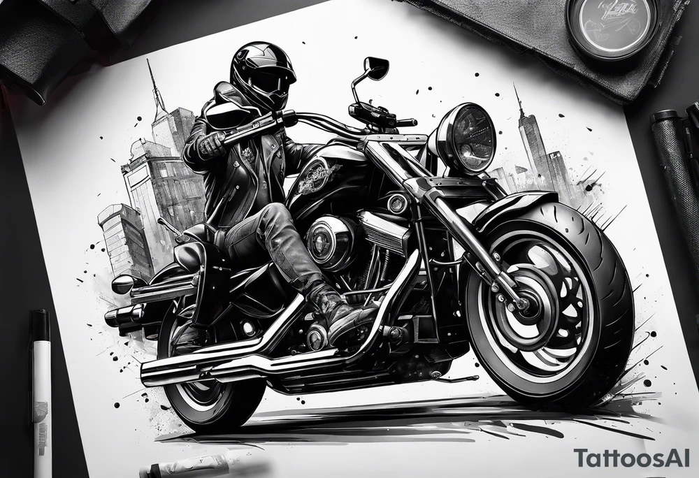 motorcycle with guns riding at night in the city tattoo idea
