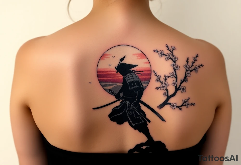 noble samurai warrior silhouette at sunset with cherry blossoms tattoo idea