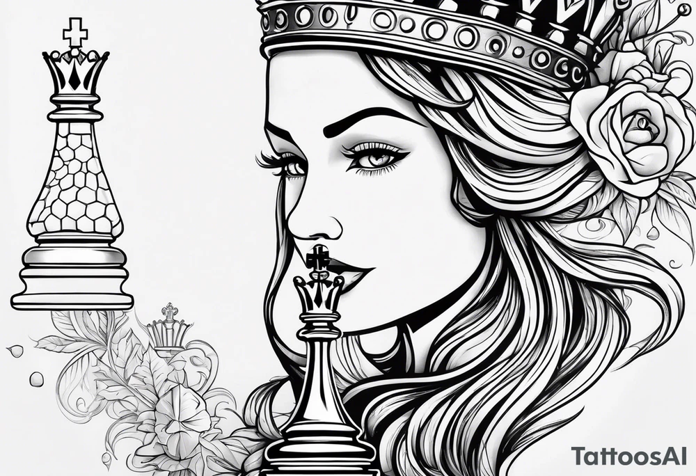Queen chess piece with the words my queen Valerie on the side tattoo idea