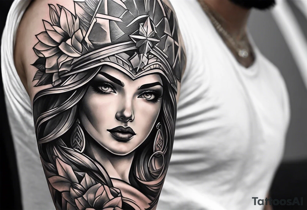 From left shoulder to forearm sleeve tattoo. Fine line geometric, concept design tattoo, ocean thunder fire nature, scale of justice tattoo idea