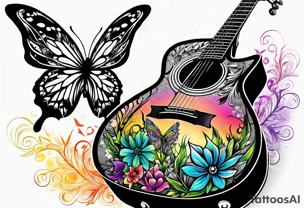 Guitar, butterfly, rainbow, weed tattoo idea