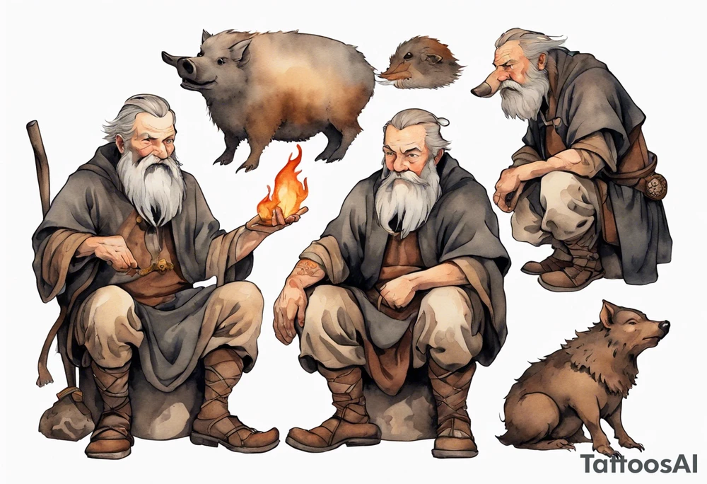 a 55-year-old medieval Bavarian man with a grey beard and broad shoulders wearing a brown and black tunic sitting by a fire with his pet boar tattoo idea