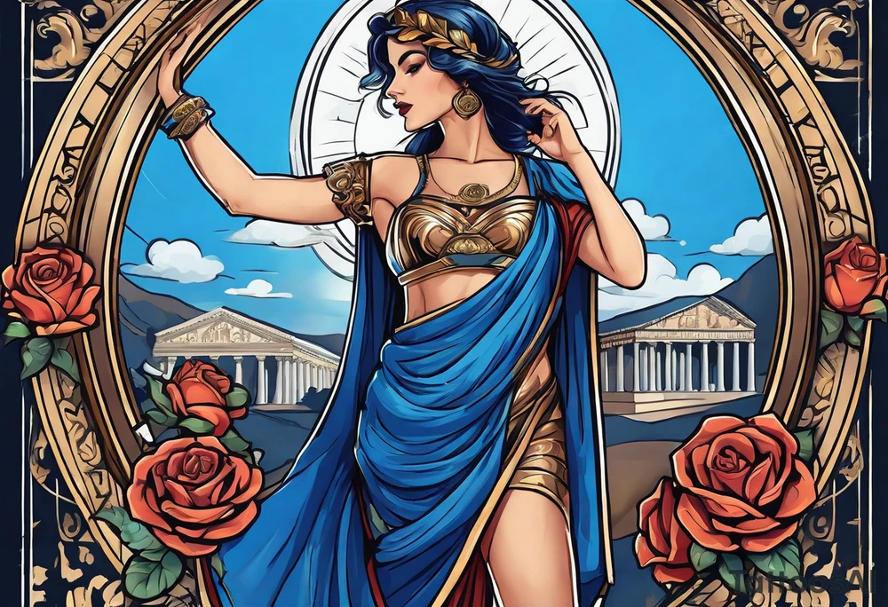 ancient rome clothes women, with scale in one hand, blue rose frames, justicia tattoo idea