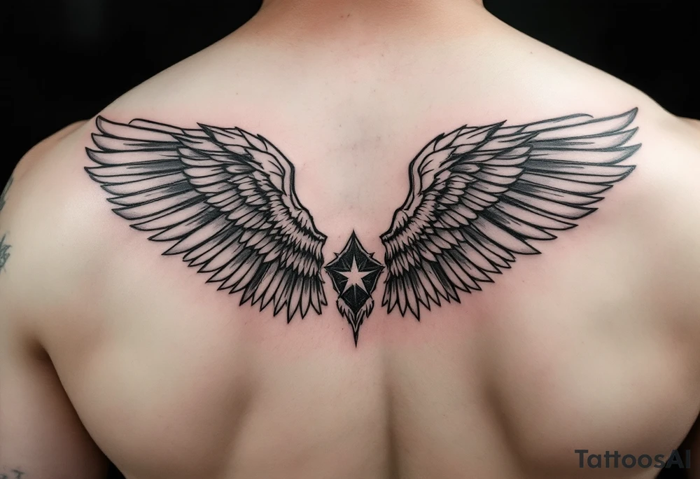 Angel on shoulder with wings going over chest and shoulder blade tattoo idea