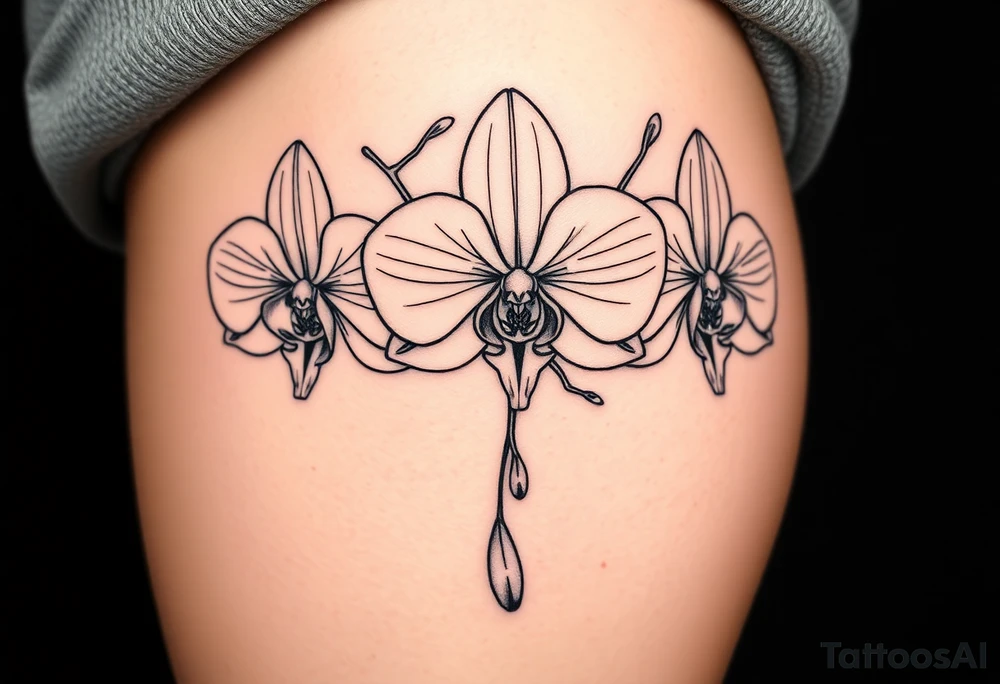 Draw of three fine line orchids different size realistic, the central part resembles a vagina. Are connected with branches that appears a mix with drops and seeds tattoo idea