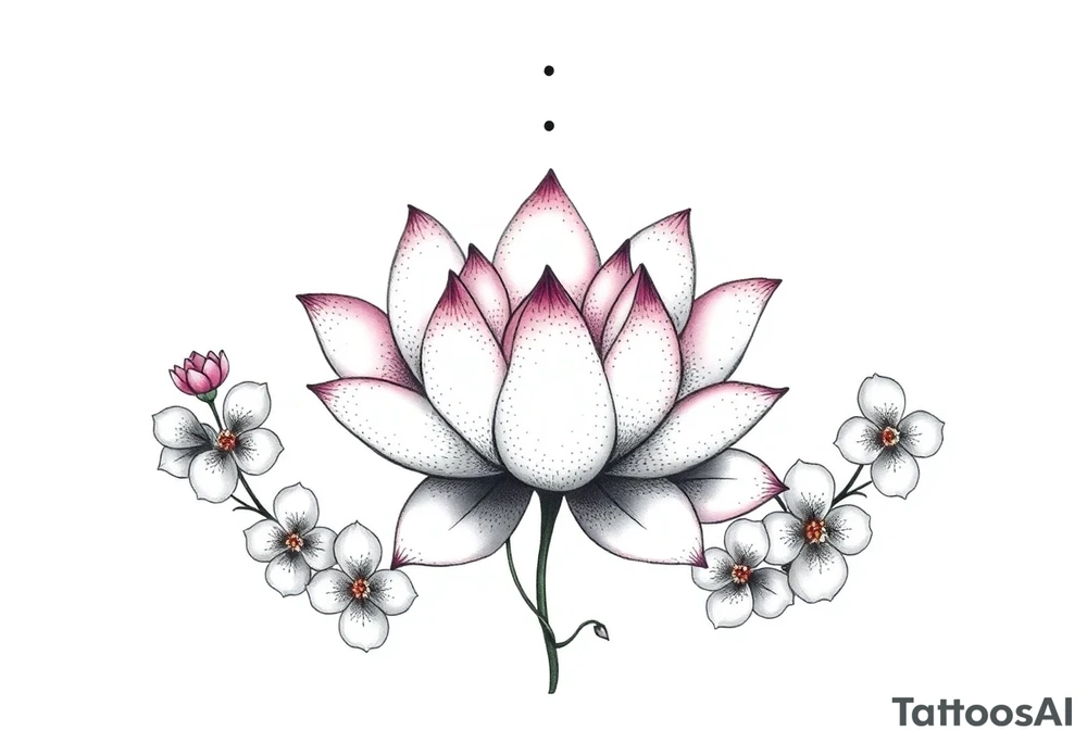 Lotus flower surrounded by forget me nots and peonies tattoo idea