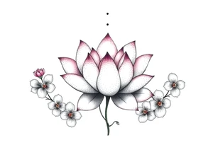 Lotus flower surrounded by forget me nots and peonies tattoo idea