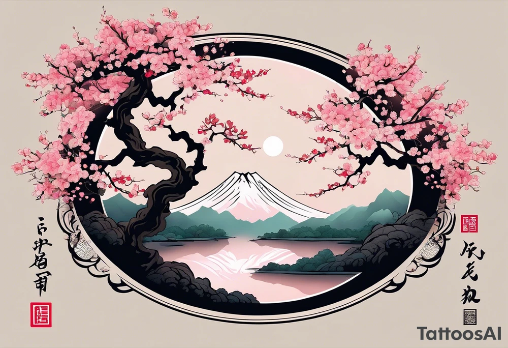 A circle of mist with cherry blossom trees on the left side growing upwards and downwards with the shadow kanji letter in the middle of the circle tattoo idea