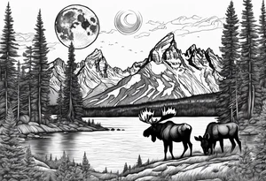 Half sleeve of Teton mountain range with moon in the sky, two moose in front of Teton lake and some fir trees tattoo idea