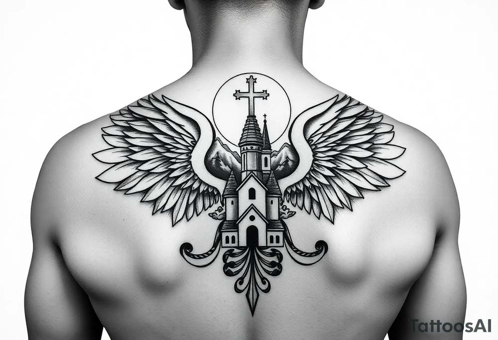 russian coat of arms with both heads visible & wings spanning out on my back neck across on to my shoulders / traps with a orthodox christian church being visible in a mountainous sun beaming setting, with the russian orthodox cross spire of the orthodox church being visible on my neck with a sun beaming in the background that the cross sits inside tattoo idea