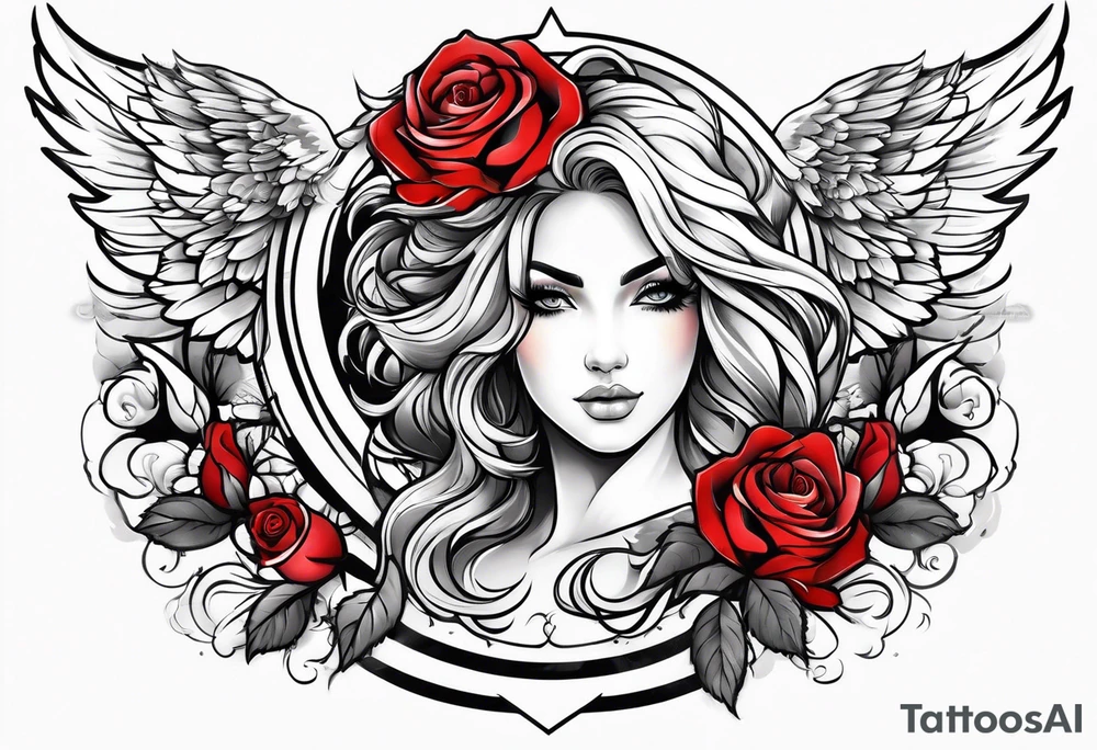Beautiful woman angle with wings surrounded by roses tattoo idea