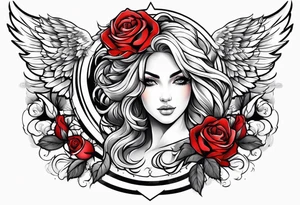 Beautiful woman angle with wings surrounded by roses tattoo idea