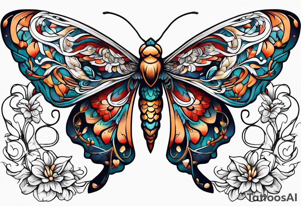 Moth flying around and winding vines tattoo idea