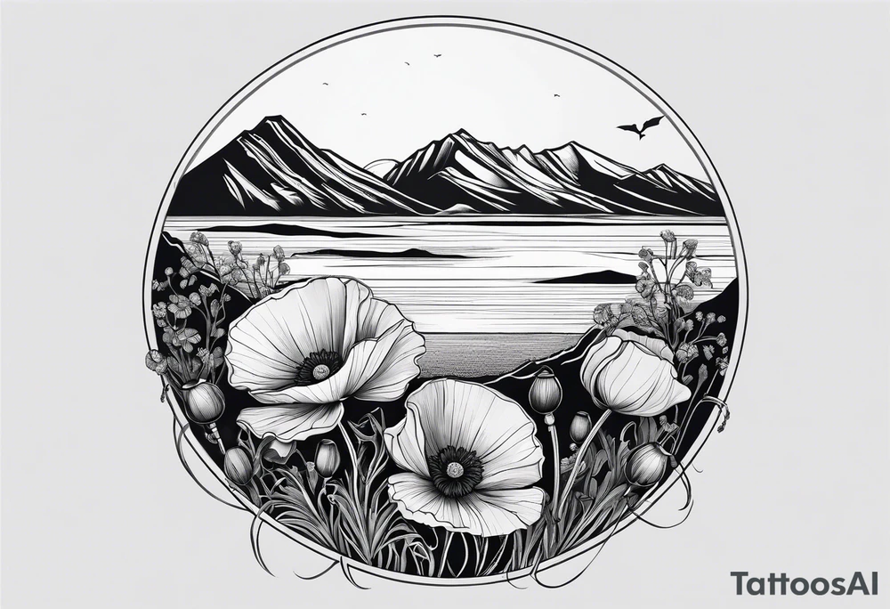 small poppy flower with mountains above it and the ocean below it tattoo idea