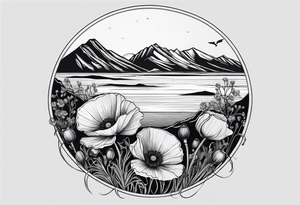 small poppy flower with mountains above it and the ocean below it tattoo idea