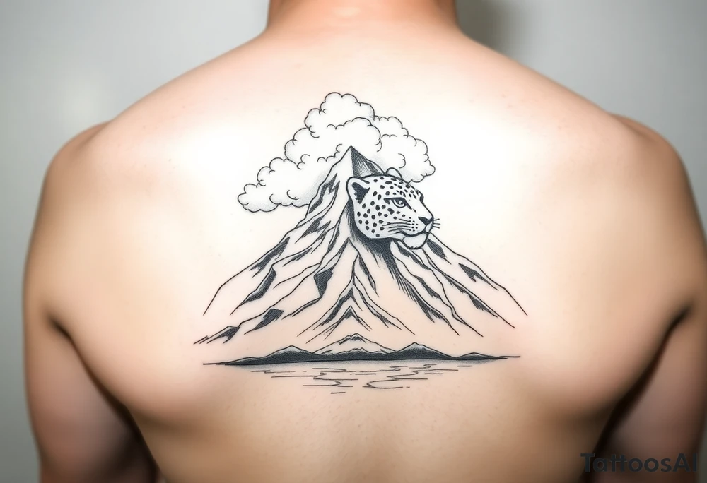 Primary focus is a mountain. At the crown of the mountain is a swath of puffy cumulus clouds. On the right side of the clouds, they form a very subtle jaguar face. At the base of the mountain is a reflective salt flats. Use Peruvian accents in the design tattoo idea
