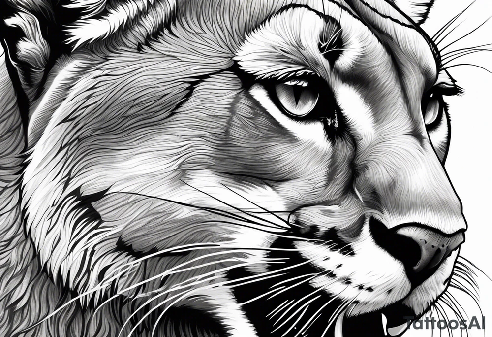 roaring mountain lion head, wilderness background tattoo idea