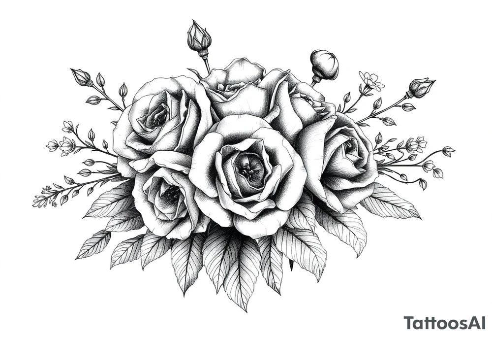 vintage bouquet of wild roses and meadow flowers with morning dew tattoo idea