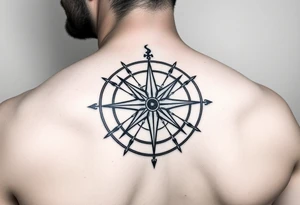 intricate compass rose on upper right back shoulder of a man. black and white. include cardinal directions and make more detailed. tattoo idea