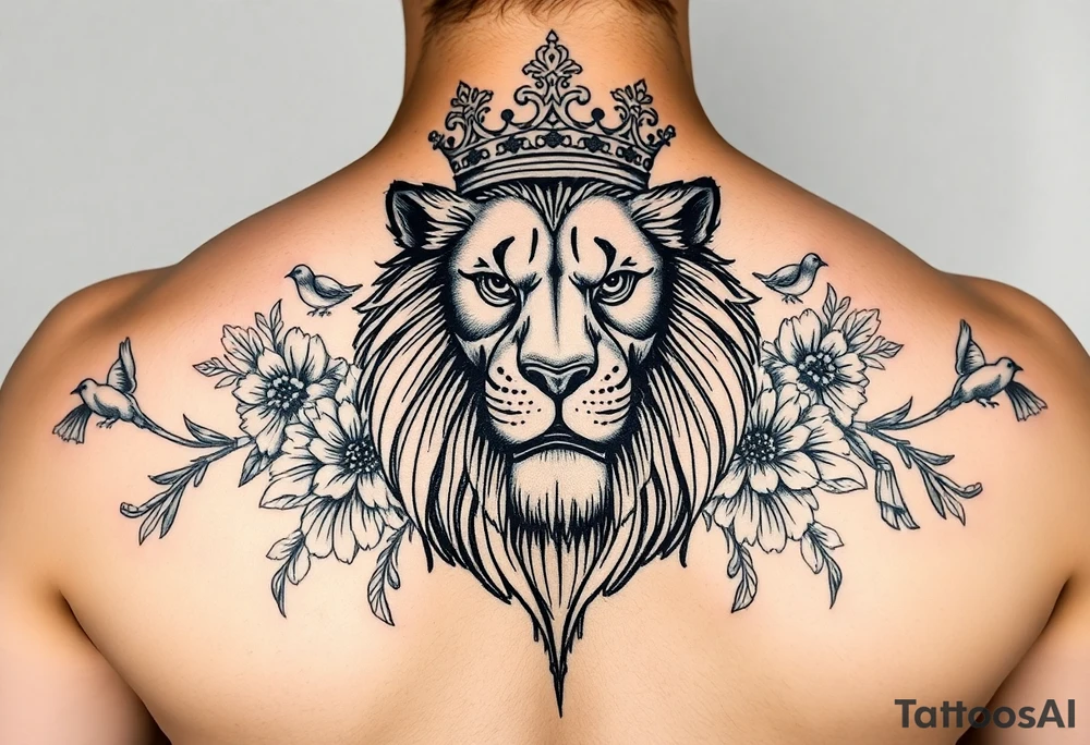 powerful majestic lion with a crown, surrounded by floral ornaments and birds tattoo idea